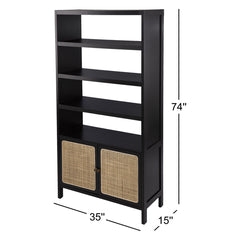 Bookcase, 4 Shelves, Black and Beige with Rattan Doors