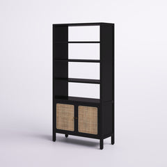 Bookcase, 4 Shelves, Black and Beige with Rattan Doors