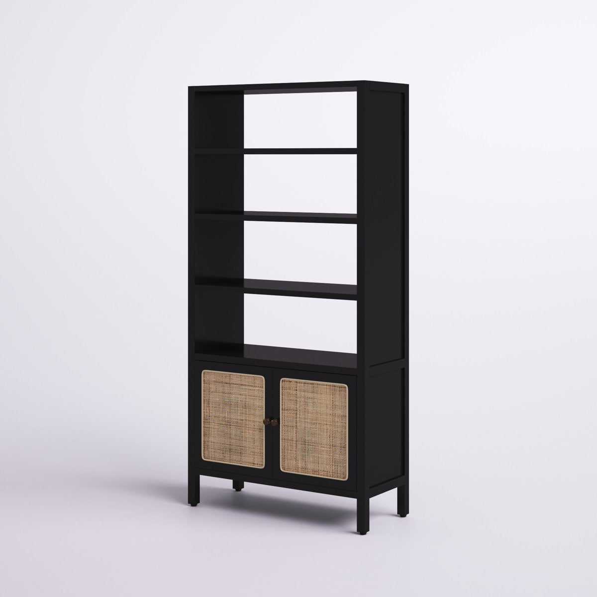 Bookcase, 4 Shelves, Black and Beige with Rattan Doors