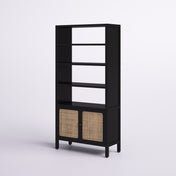 Bookcase, 4 Shelves, Black and Beige with Rattan Doors