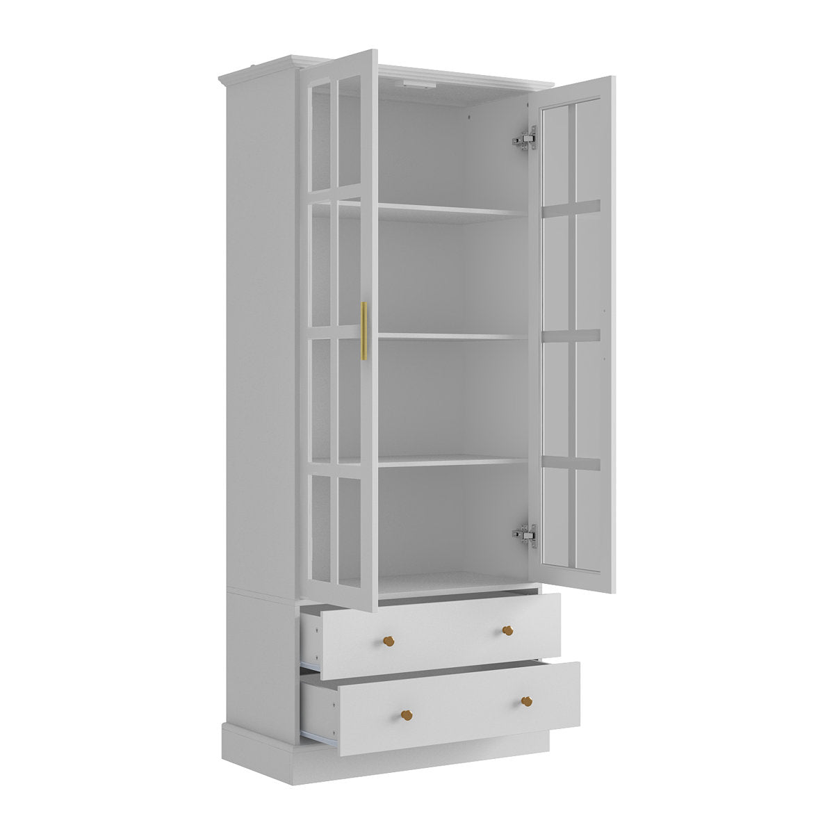 Bookcase, 4 Shelves, White Wood with Gold Handles
