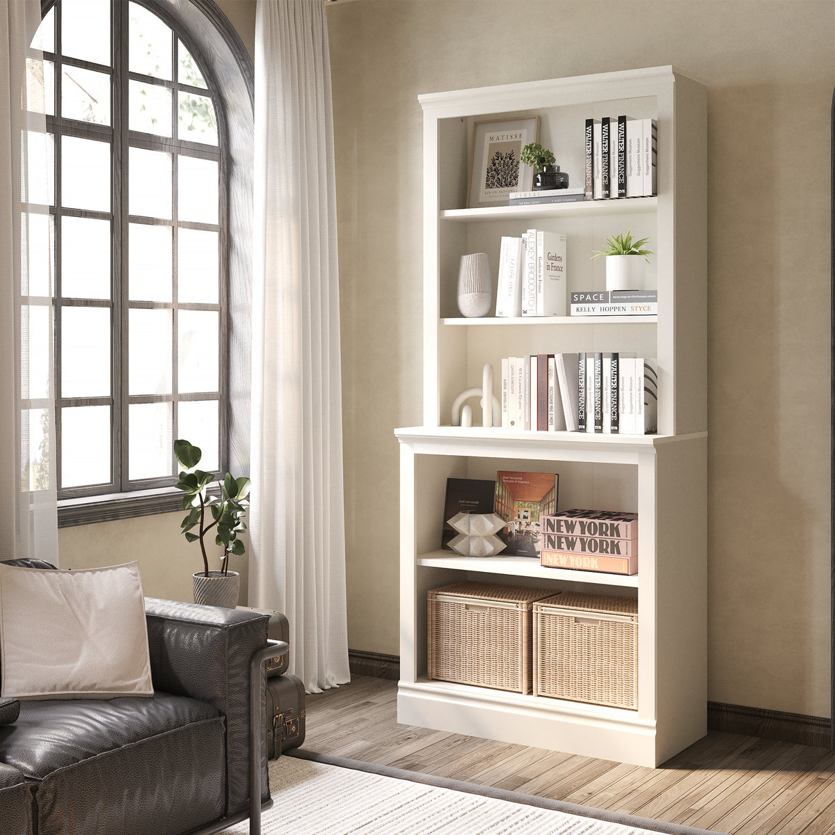 Bookcase, 5-Tier, White with Wood-Look Finish