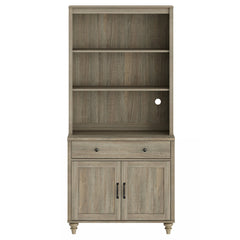 Bookcase, 5-Tier with Glass Doors and Drawer, Wash Gray