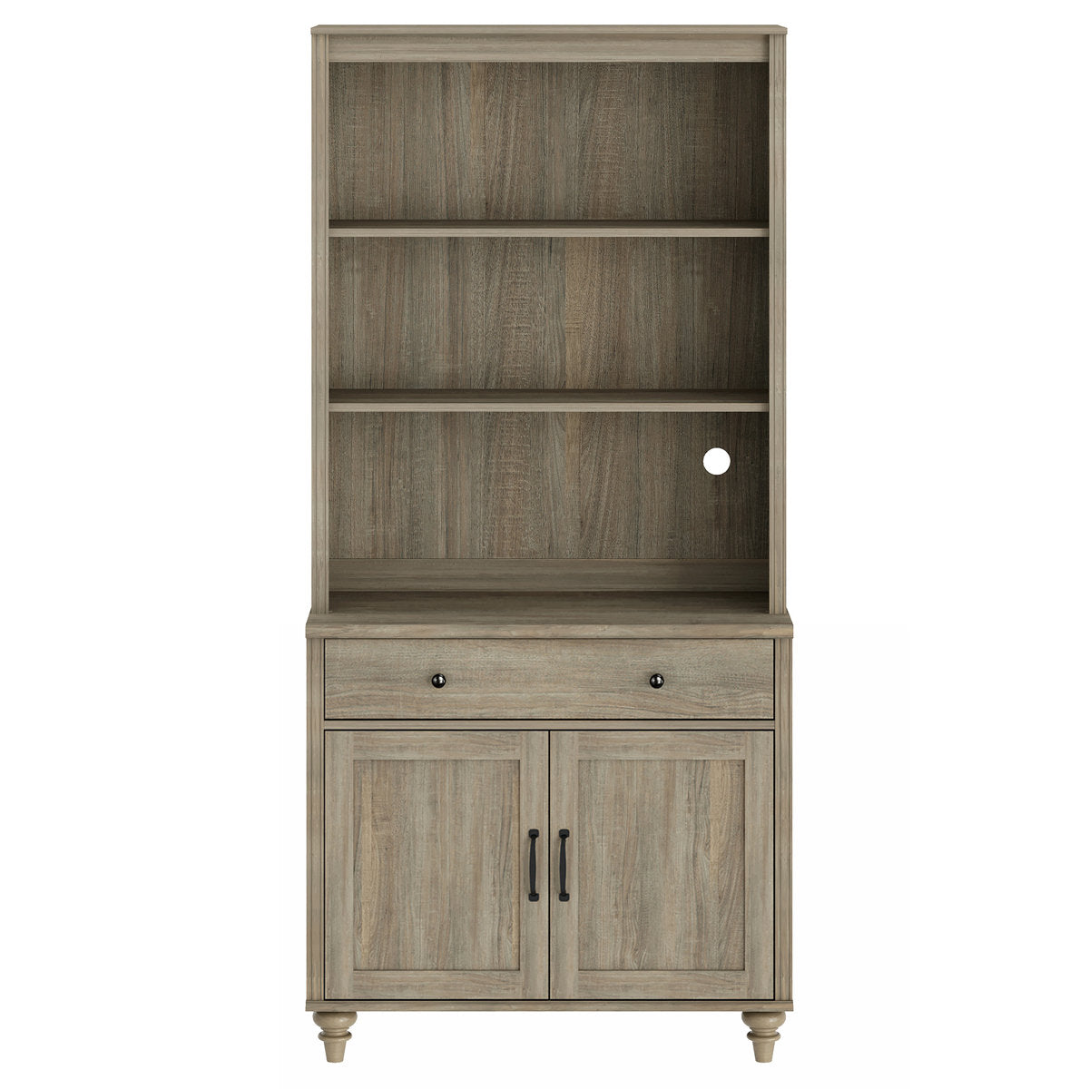 Bookcase, 5-Tier with Glass Doors and Drawer, Wash Gray
