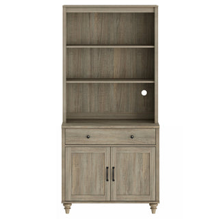 Bookcase, 5-Tier with Glass Doors and Drawer, Wash Gray