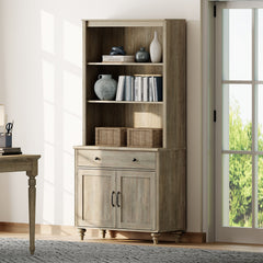 Bookcase, 5-Tier with Glass Doors and Drawer, Wash Gray