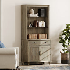 Bookcase, 5-Tier with Glass Doors and Drawer, Wash Gray