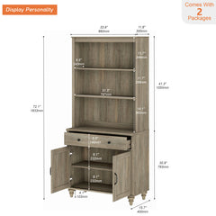 Bookcase, 5-Tier with Glass Doors and Drawer, Wash Gray