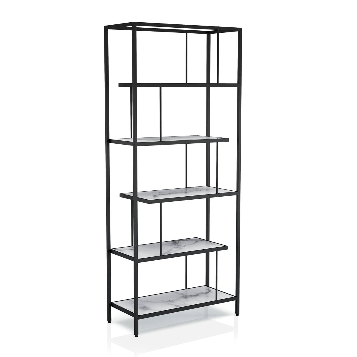 Bookcase, 5 Tiers, Black Steel Frame with White Marble-Finish Shelves