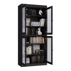 Bookcase, 6 Shelf Tiers, Black Solid Wood with Glass Doors