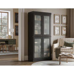 Bookcase, 6 Shelf Tiers, Black Solid Wood with Glass Doors