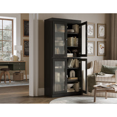 Bookcase, 6 Shelf Tiers, Black Solid Wood with Glass Doors