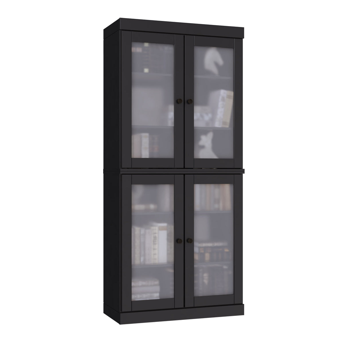 Bookcase, 6 Shelf Tiers, Black Solid Wood with Glass Doors