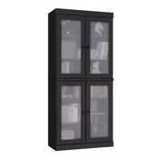 Bookcase, 6 Shelf Tiers, Black Solid Wood with Glass Doors
