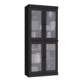Bookcase, 6 Shelf Tiers, Black Solid Wood with Glass Doors
