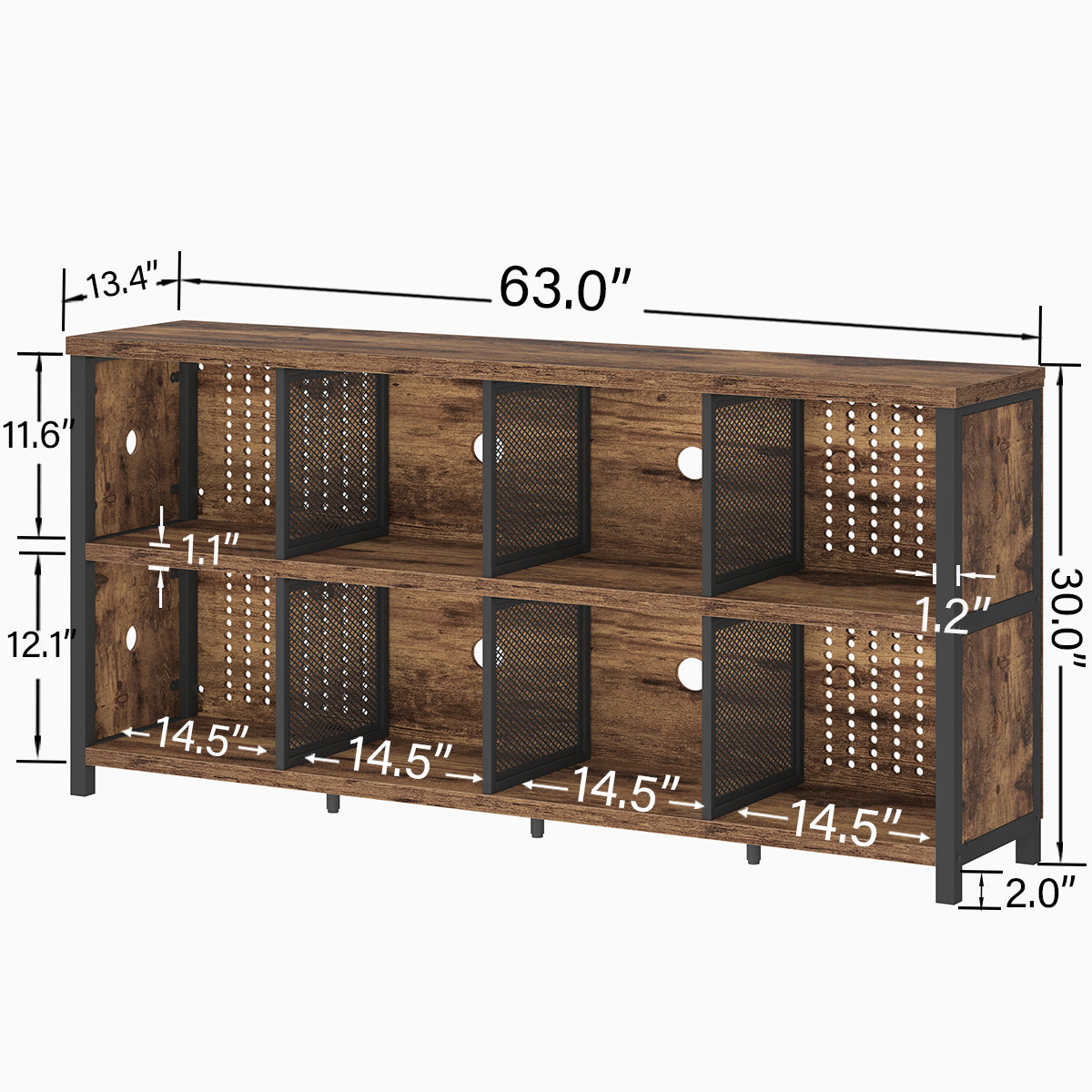 Bookcase, 63 In Wide with Metal Frame in Rustic Brown