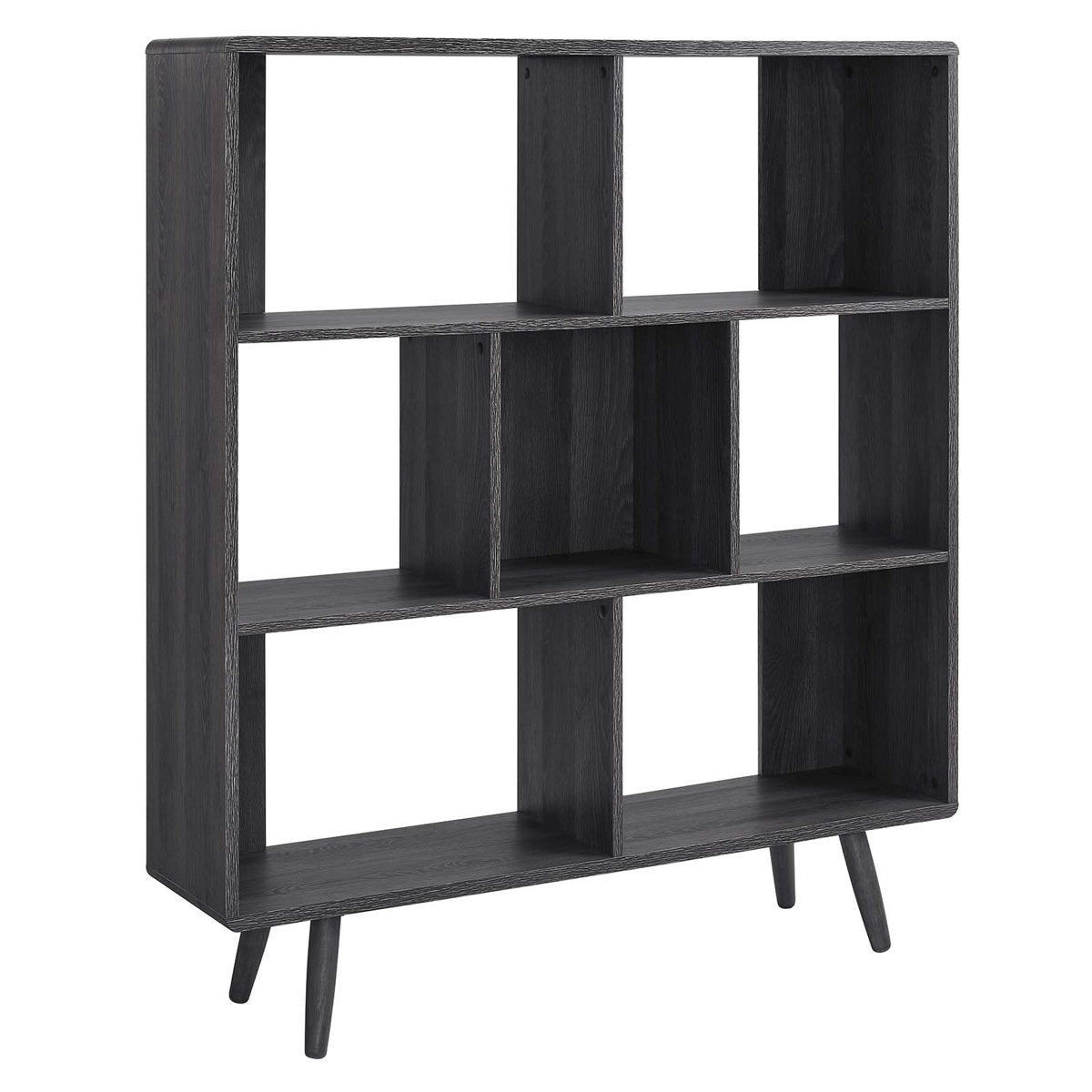 Bookcase, 7 Open Display Areas, Charcoal Wood Grain Finish with Particleboard Frame