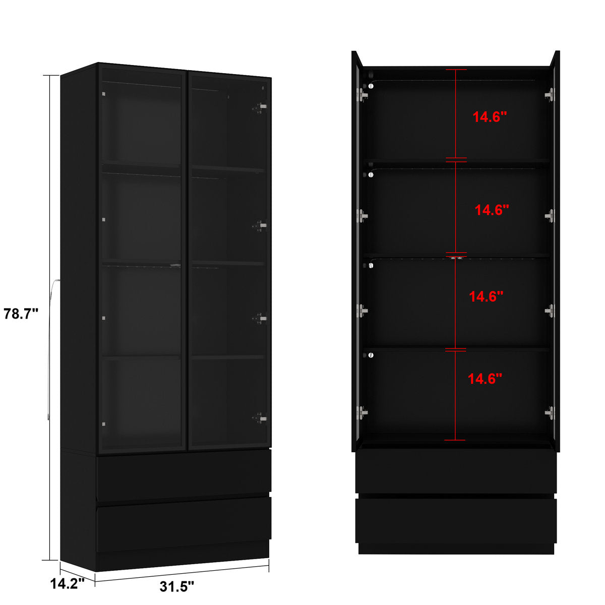 Bookcase, Black Gloss with Glass Doors and LED Lighting