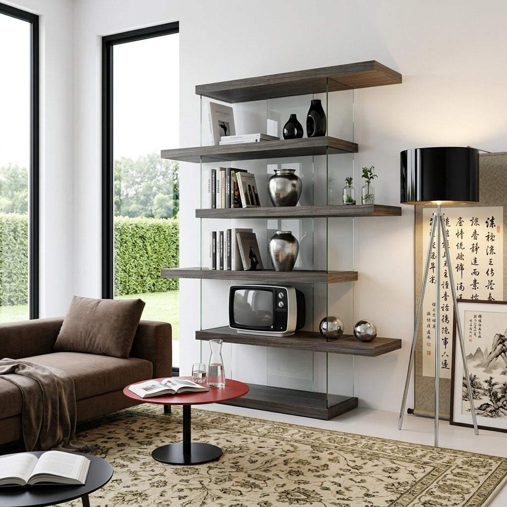 Bookcase, Geometric Glass Frame with Adjustable Shelves, Clear and Gray