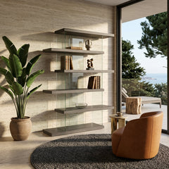 Bookcase, Geometric Glass Frame with Adjustable Shelves, Clear and Gray