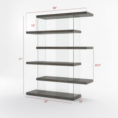 Bookcase, Geometric Glass Frame with Adjustable Shelves, Clear and Gray
