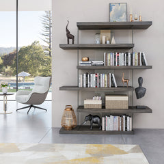 Bookcase, Geometric Glass Frame with Adjustable Shelves, Clear and Gray
