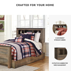 Bookcase Headboard, Twin, Brown Manufactured Wood with Storage