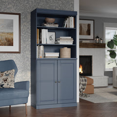 Bookcase, Solid Pine with Doors in Antique Blue