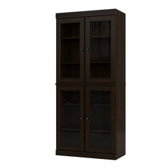 Bookcase, Solid Pine Wood, 4 Tempered Glass Doors, Espresso