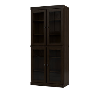 Bookcase, Solid Pine Wood, 4 Tempered Glass Doors, Espresso