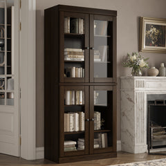 Bookcase, Solid Pine Wood, 4 Tempered Glass Doors, Espresso