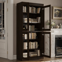 Bookcase, Solid Pine Wood, 4 Tempered Glass Doors, Espresso