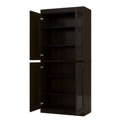 Bookcase, Solid Pine Wood, 4 Tempered Glass Doors, Espresso