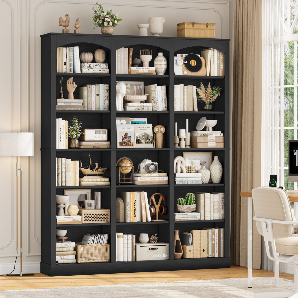 Bookcase with 18 Open Shelves in Black Manufactured Wood