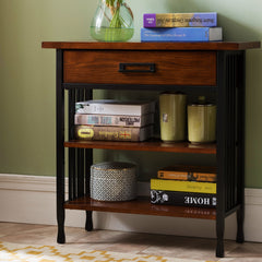 Bookcase with 2 Shelves and 1 Drawer, Wood Tones with Matte Black Steel