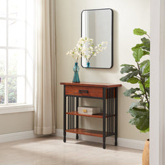 Bookcase with 2 Shelves and 1 Drawer, Wood Tones with Matte Black Steel