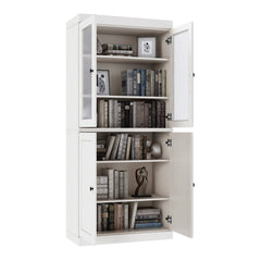 Bookcase with 4 Doors, White Solid Wood Frame