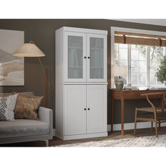 Bookcase with 4 Doors, White Solid Wood Frame