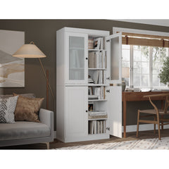 Bookcase with 4 Doors, White Solid Wood Frame