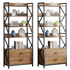 Bookcase with 4 Open Shelves and 2 Drawers in Engineered Wood and Metal