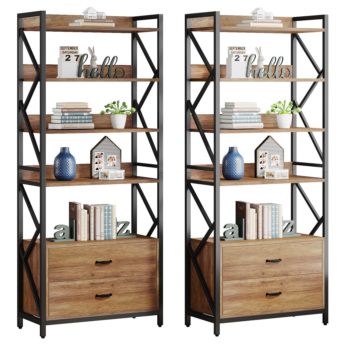 Bookcase with 4 Open Shelves and 2 Drawers in Engineered Wood and Metal