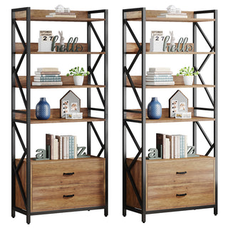 Bookcase with 4 Open Shelves and 2 Drawers in Engineered Wood and Metal
