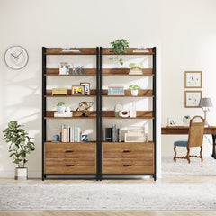 Bookcase with 4 Open Shelves and 2 Drawers in Engineered Wood and Metal