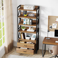 Bookcase with 4 Open Shelves and 2 Drawers in Engineered Wood and Metal