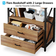 Bookcase with 4 Open Shelves and 2 Drawers in Engineered Wood and Metal