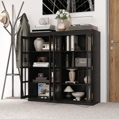 Bookcase with 4 Shelf Tiers and Glass Doors, Black