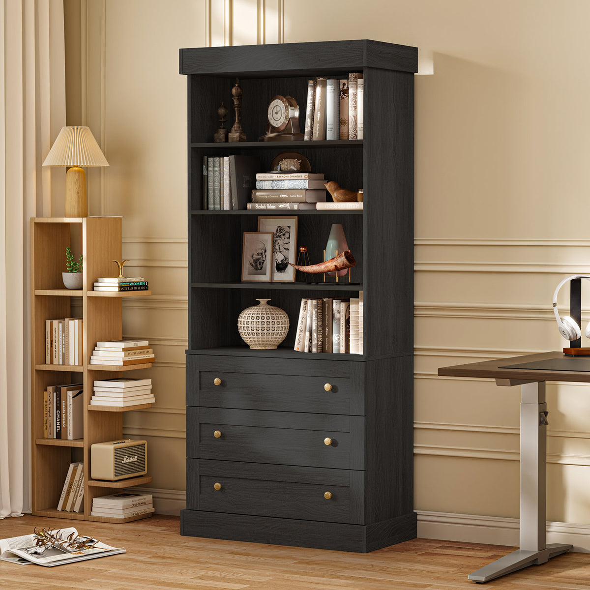 Bookcase with 4 Shelves and 3 Drawers in Black