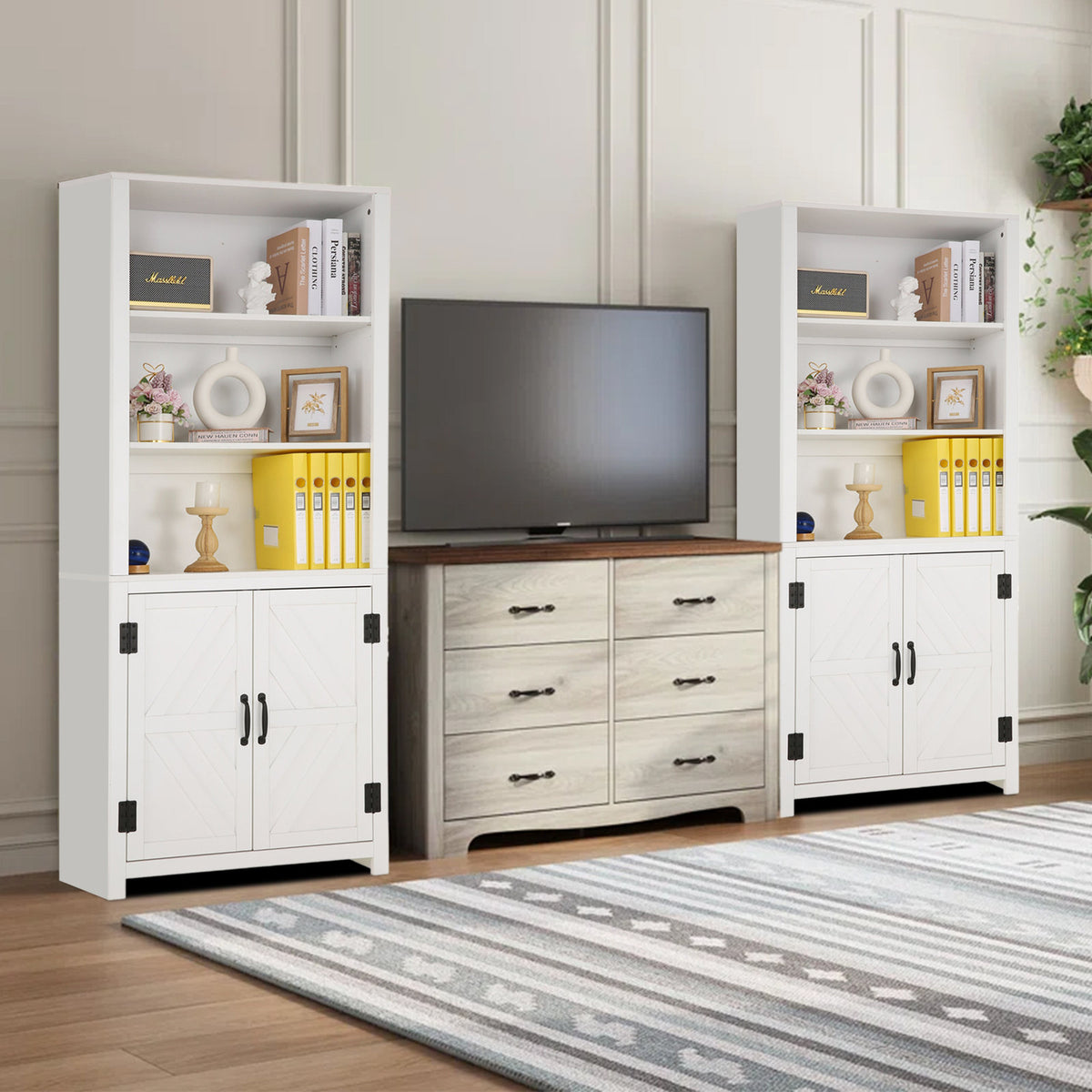 Bookcase with 5 Tiers and Doors in White Manufactured Wood