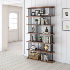 Bookcase with 6 Open Shelves in Antique Walnut and Black Metal