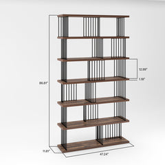 Bookcase with 6 Open Shelves in Antique Walnut and Black Metal